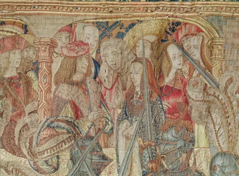 El Torneo, tapiz de telar vertical del taller de Bruselas, detalle de la tribuna con Carlos VII (1470-98) y Ana de Bretaña (1477-1514) c.1497